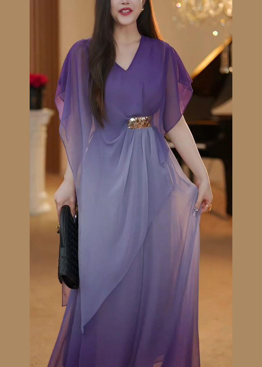 Elegant Gradient Color Asymmetrical High Waist Chiffon Long Dress Summer