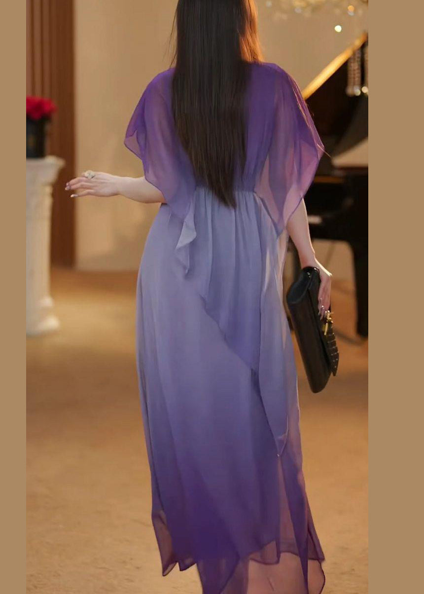 Elegant Gradient Color Asymmetrical High Waist Chiffon Long Dress Summer
