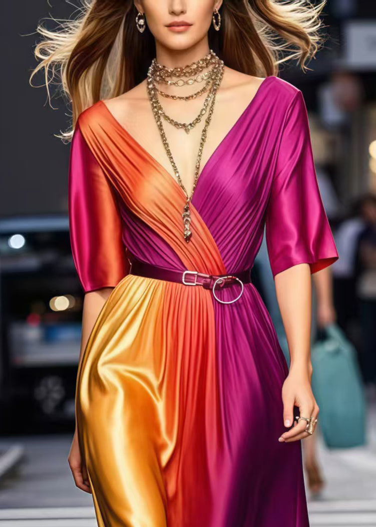 Elegant Gradient Color Cinched Tie Dye Silk Dress Summer