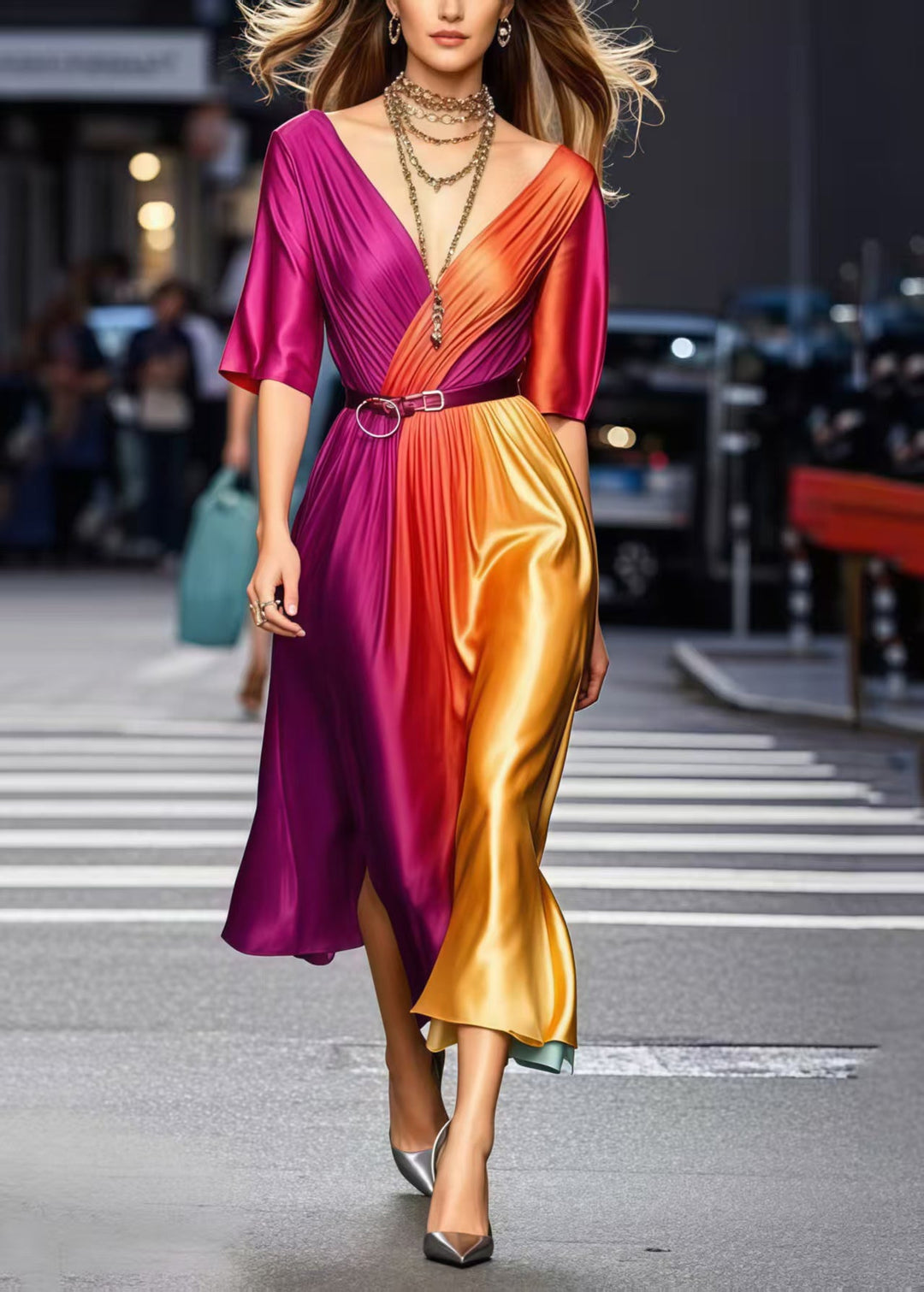 Elegant Gradient Color Cinched Tie Dye Silk Dress Summer