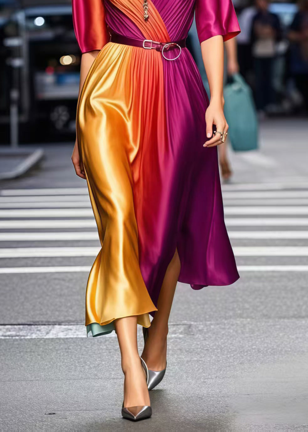 Elegant Gradient Color Cinched Tie Dye Silk Dress Summer