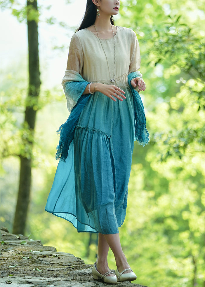Elegant Gradient Color O-Neck Ruffled Cotton Long Dresses Bracelet Sleeve