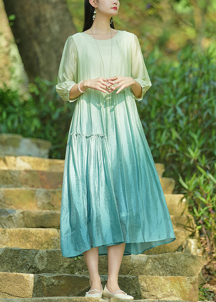 Elegant Gradient Color O-Neck Ruffled Cotton Long Dresses Bracelet Sleeve