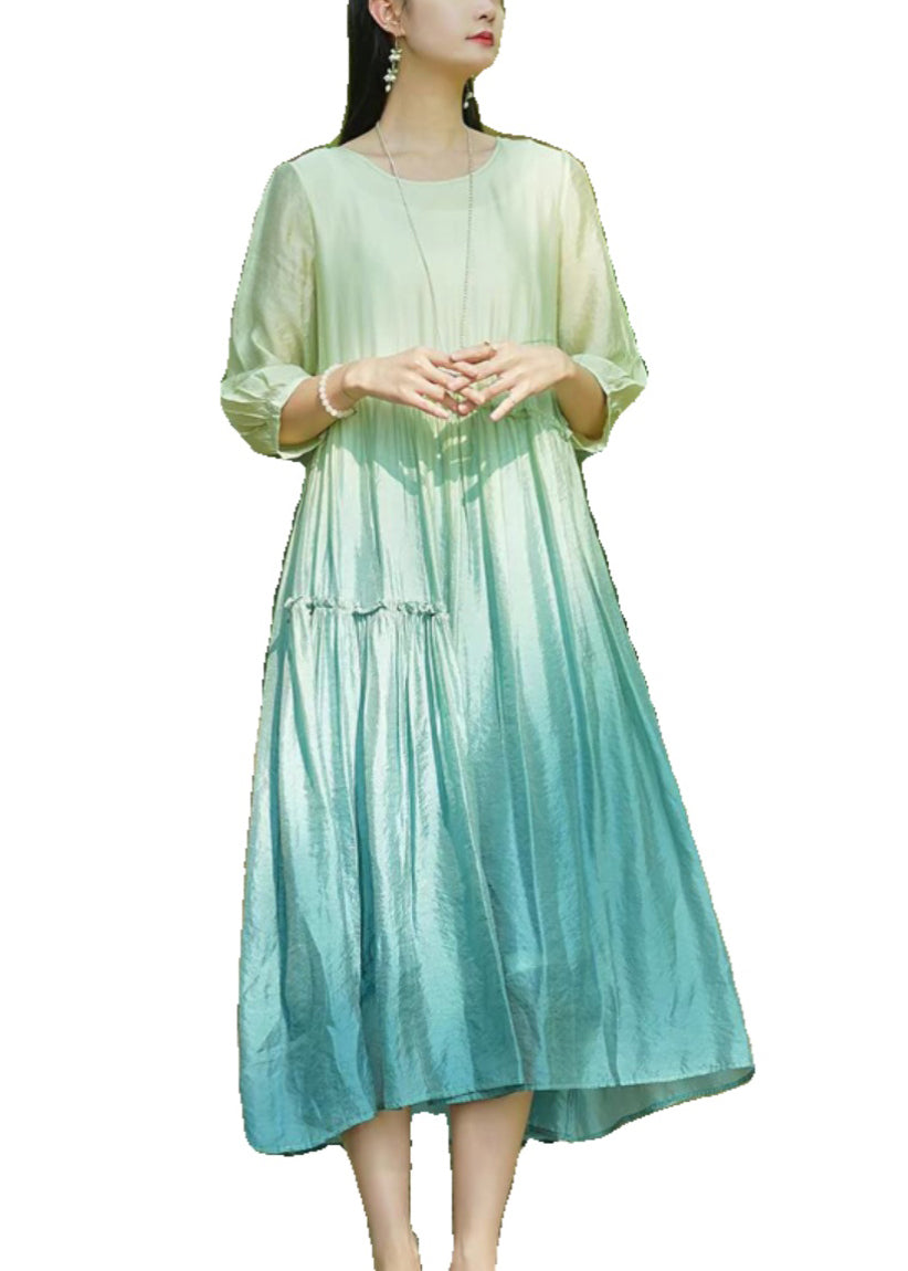 Elegant Gradient Color O-Neck Ruffled Cotton Long Dresses Bracelet Sleeve