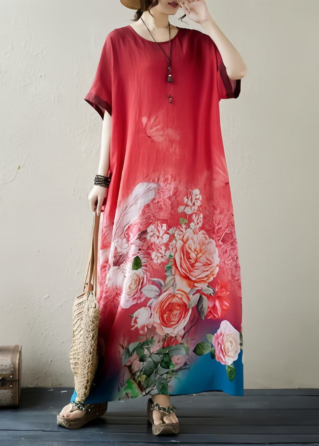 Elegant Gradient Red Oversized Print Holiday Dress Summer