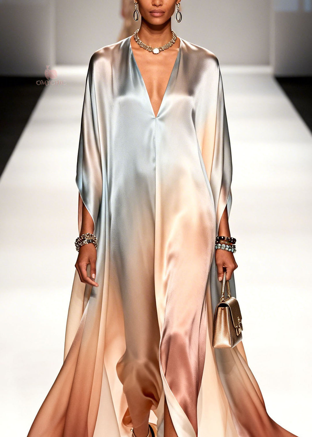 Elegant Gradient color V Neck Chiffon Ankle Dress Summer