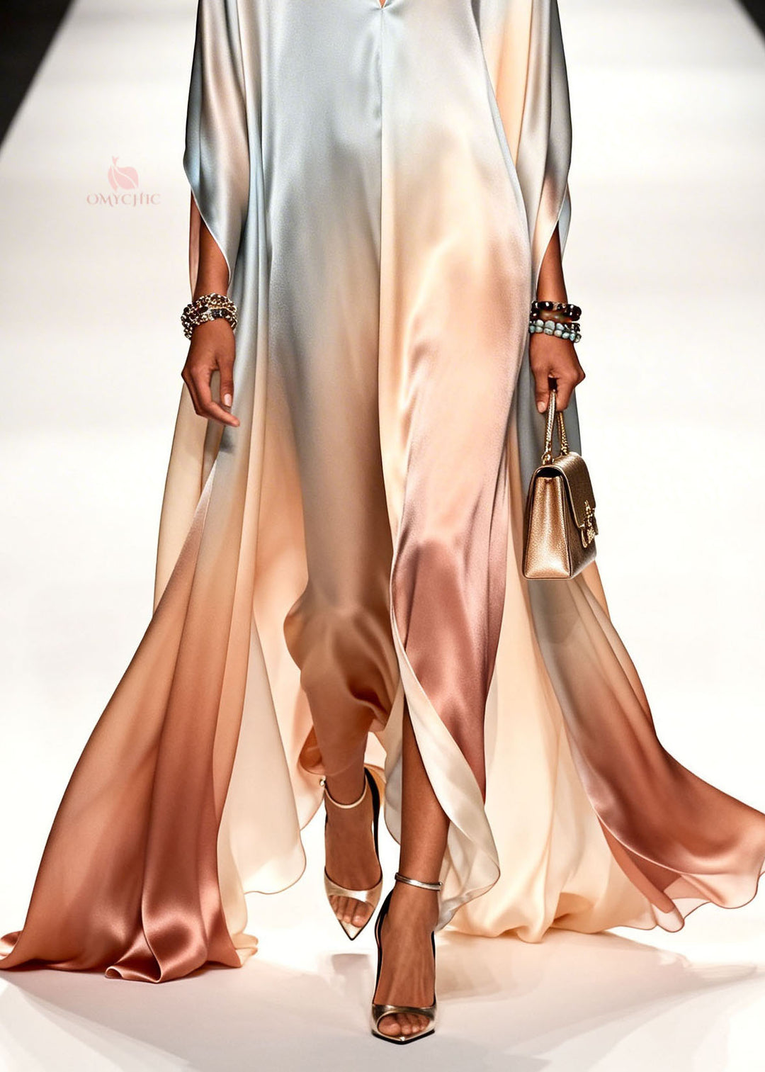 Elegant Gradient color V Neck Chiffon Ankle Dress Summer