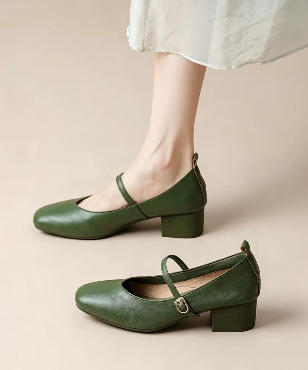 Elegant Green Buckle Strap Faux Leather Chunky High Heels
