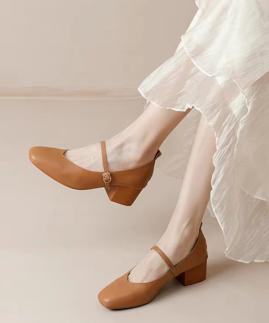 Elegant Green Buckle Strap Faux Leather Chunky High Heels