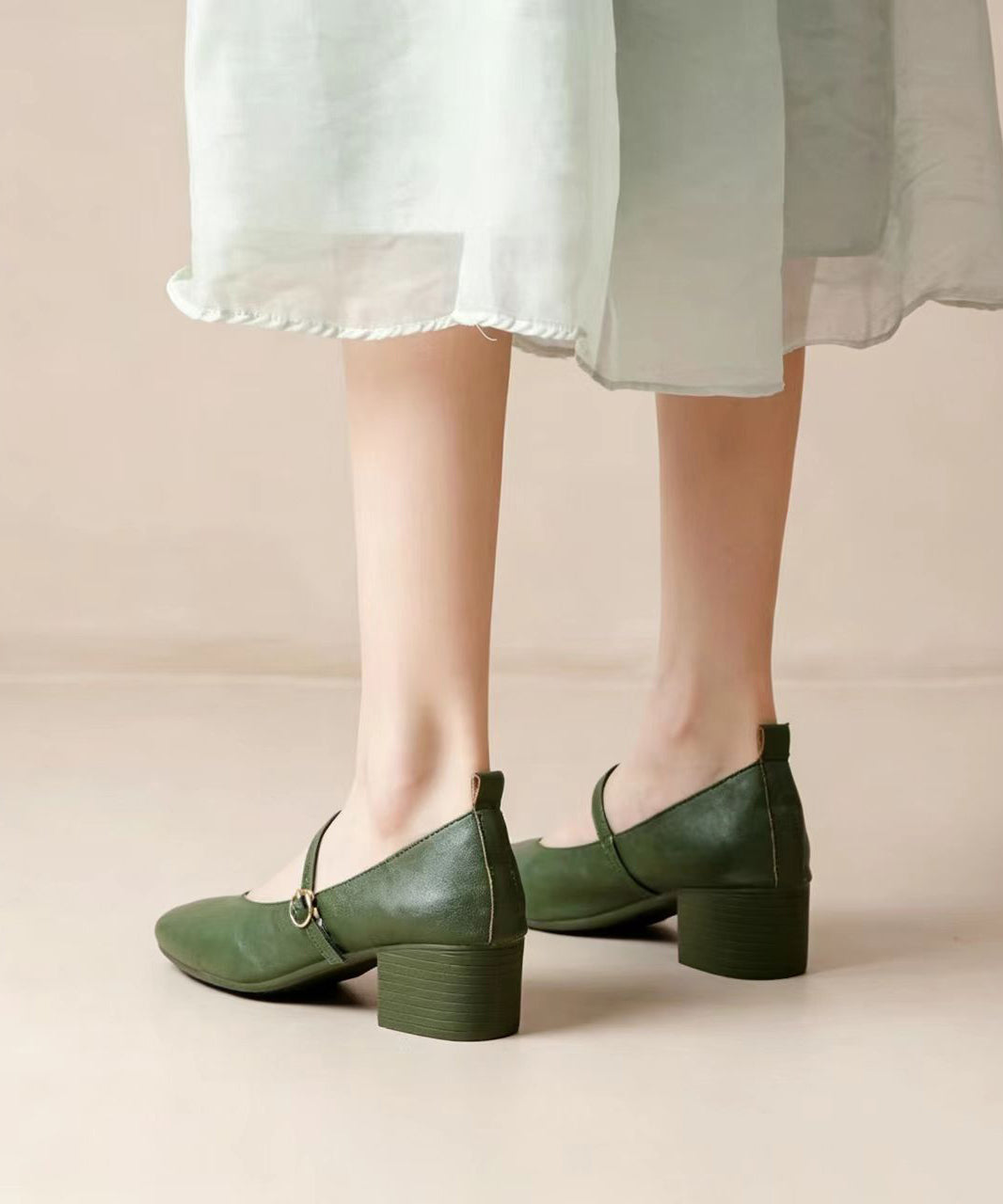 Elegant Green Buckle Strap Faux Leather Chunky High Heels