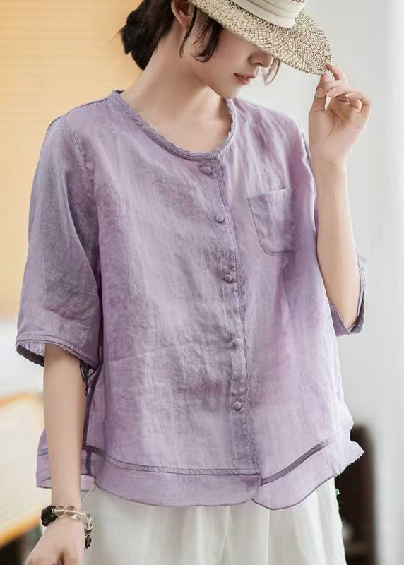 Elegant Green Butterfly Print Patchwork Linen Blouse Tops Half Sleeve