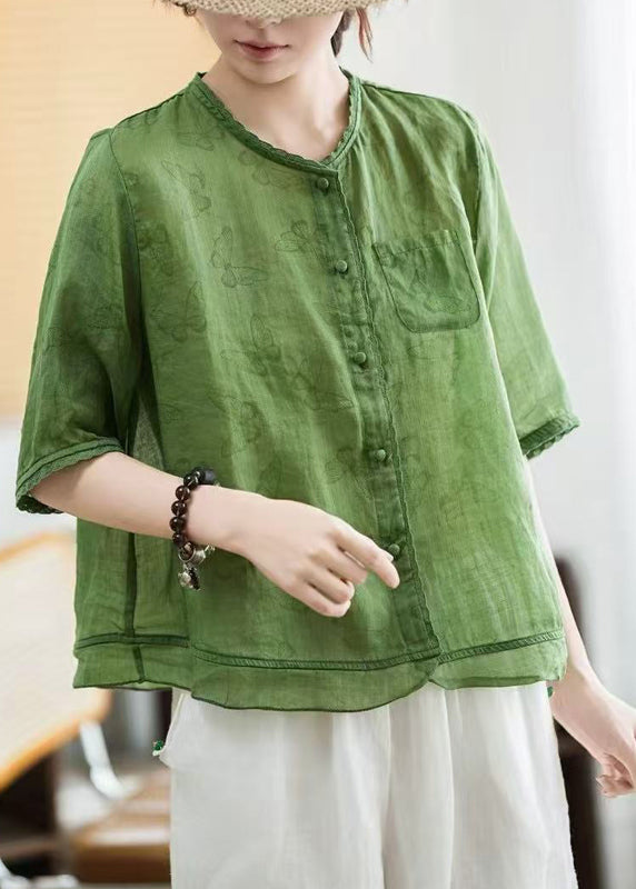 Elegant Green Butterfly Print Patchwork Linen Blouse Tops Half Sleeve