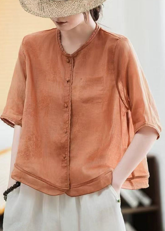 Elegant Green Butterfly Print Patchwork Linen Blouse Tops Half Sleeve