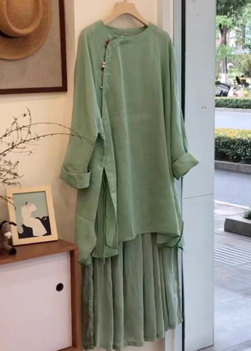 Elegant Green Button Side Open Blouses And Skirts Linen Two Pieces Set Fall