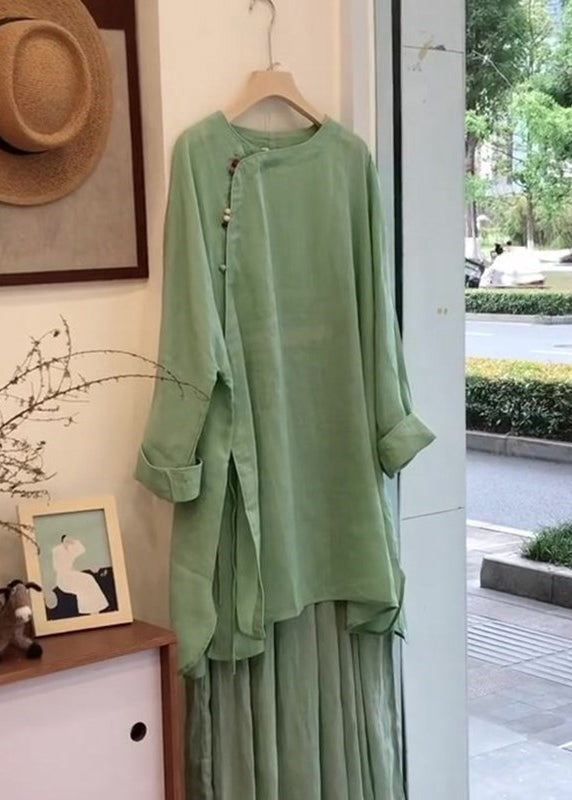 Elegant Green Button Side Open Blouses And Skirts Linen Two Pieces Set Fall