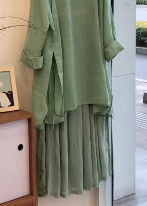 Elegant Green Button Side Open Blouses And Skirts Linen Two Pieces Set Fall