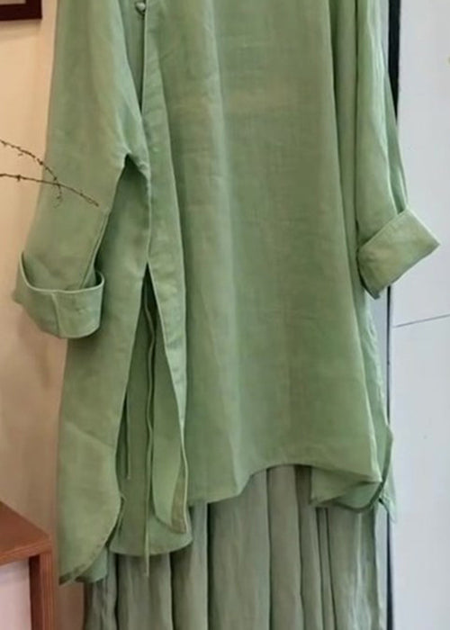 Elegant Green Button Side Open Blouses And Skirts Linen Two Pieces Set Fall