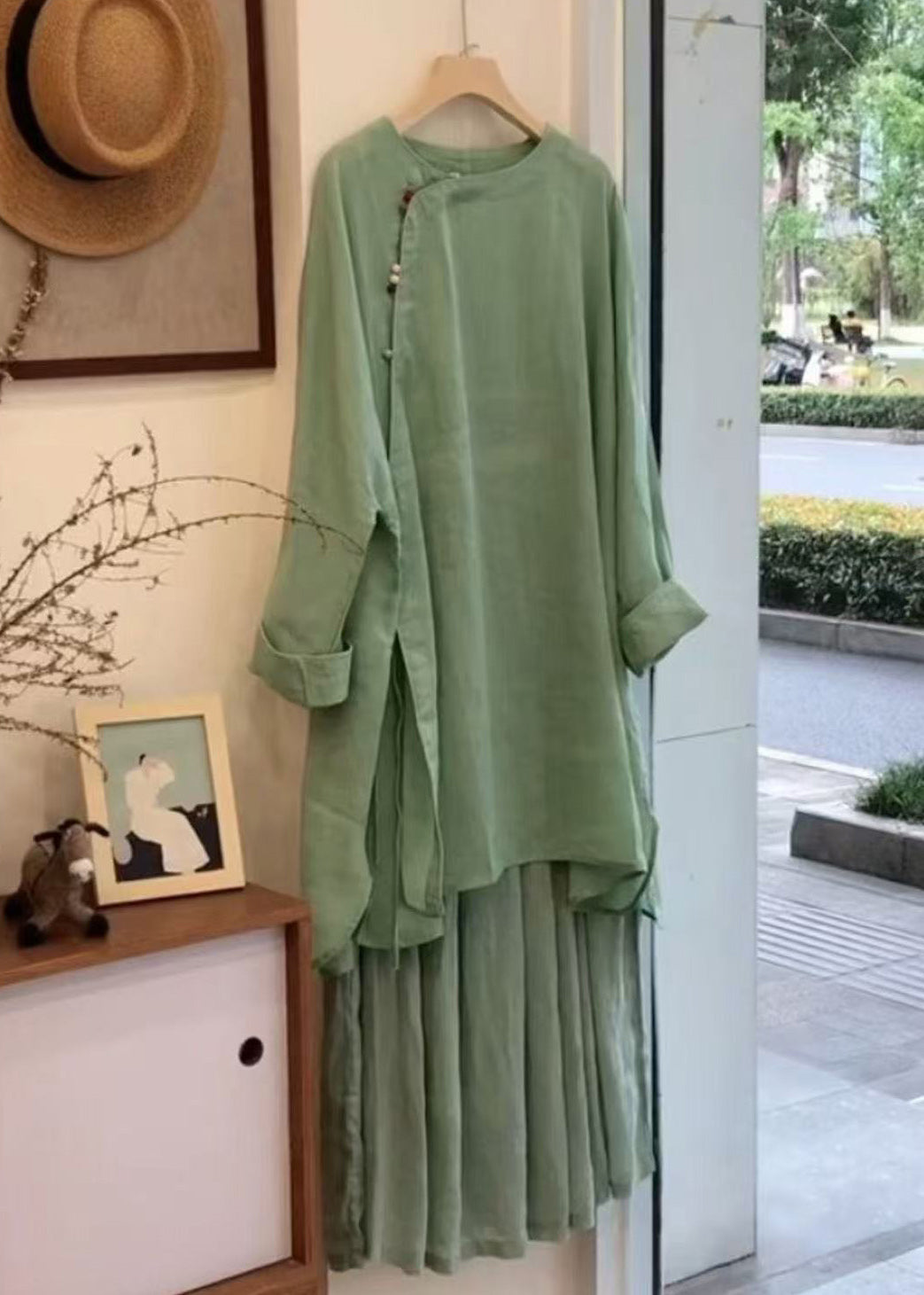 Elegant Green Button Side Open Blouses And Skirts Linen Two Pieces Set Fall