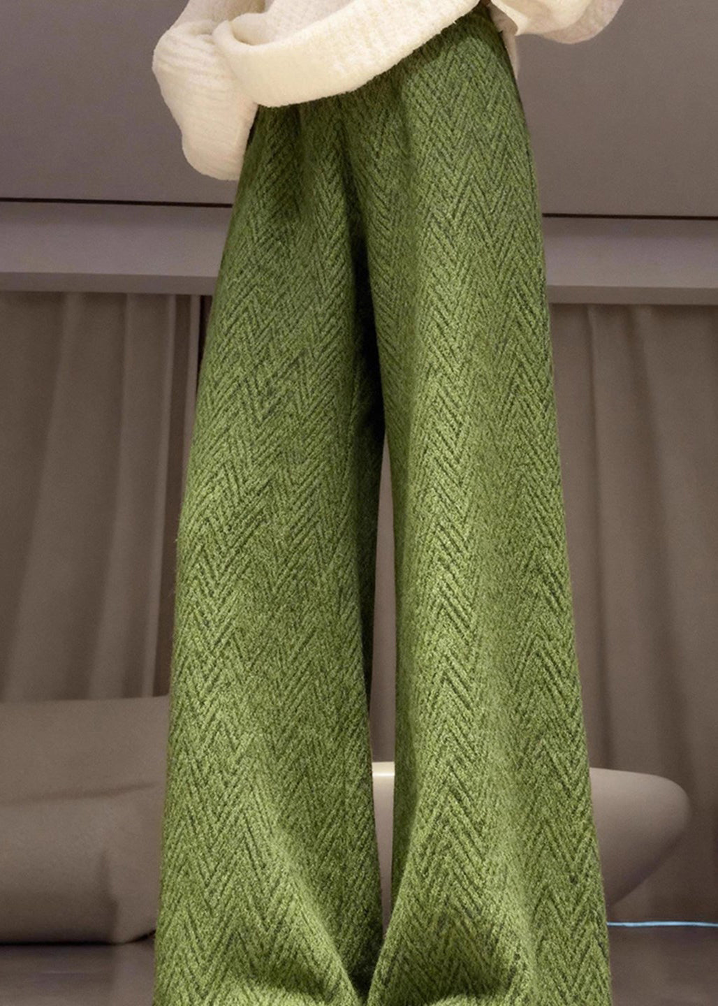 Elegant Green Elastic Waist Warm Fleece Straight Pants Winter