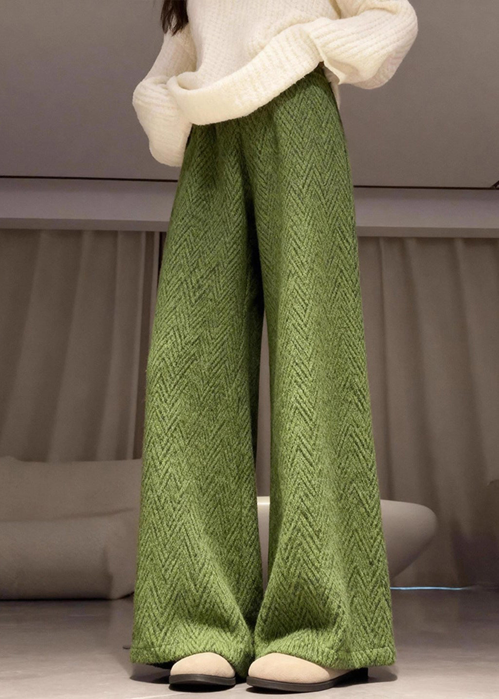 Elegant Green Elastic Waist Warm Fleece Straight Pants Winter