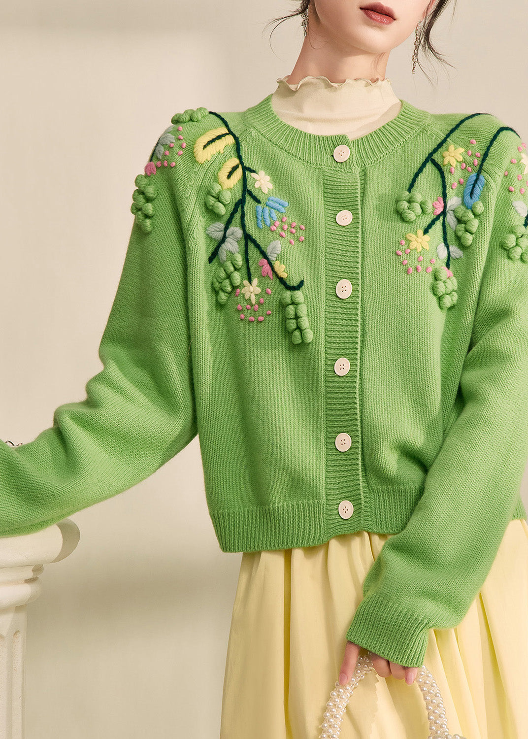 Elegant Green Embroidered Floral Button Cotton Knit Cardigans Fall