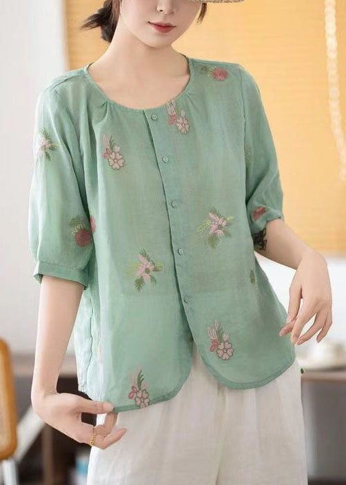 Elegant Green Embroidered Linen Top Half Sleeve