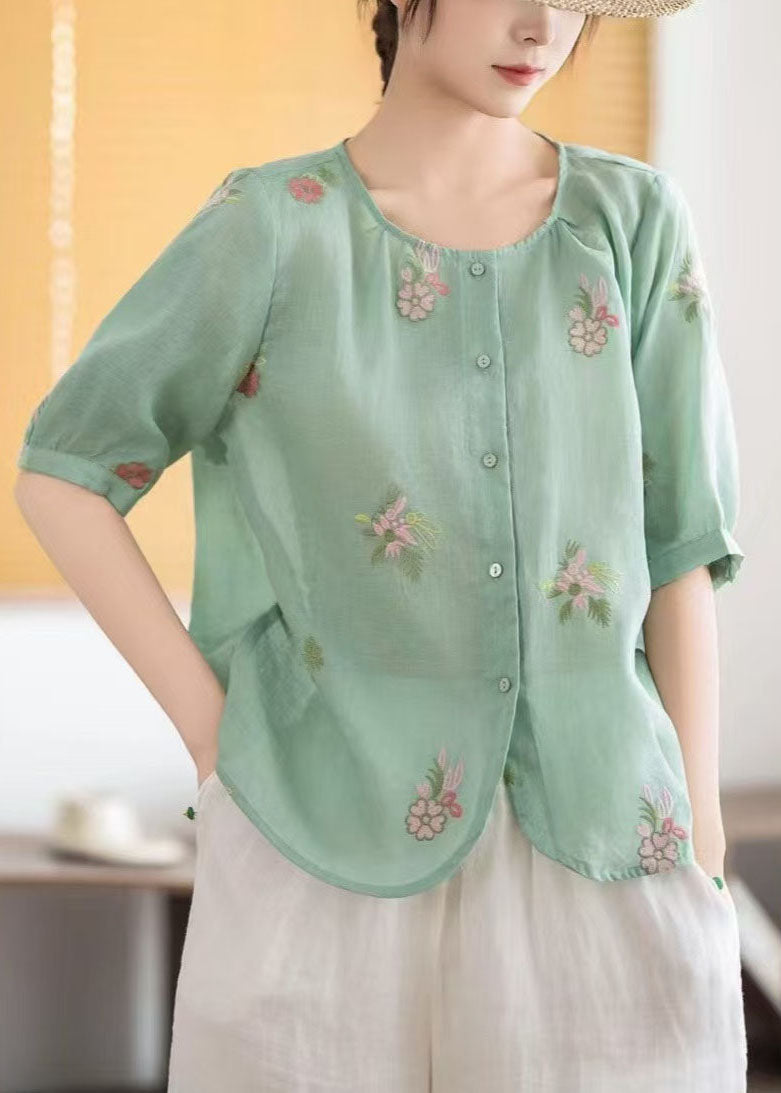 Elegant Green Embroidered Linen Top Half Sleeve