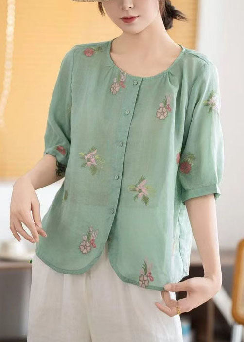 Elegant Green Embroidered Linen Top Half Sleeve