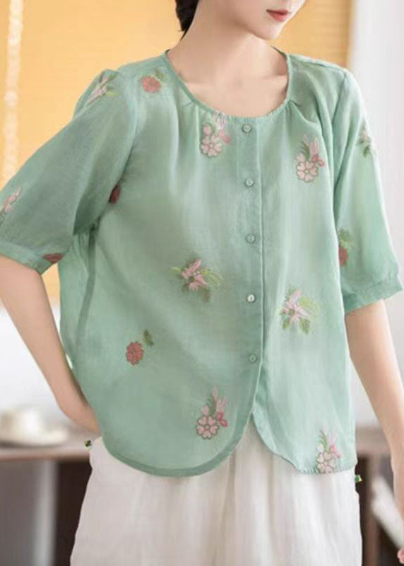 Elegant Green Embroidered Linen Top Half Sleeve