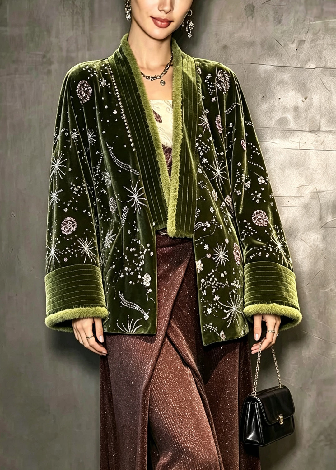 Elegant Green Embroidered Sequins Velvet Warm Fleece Coat Winter