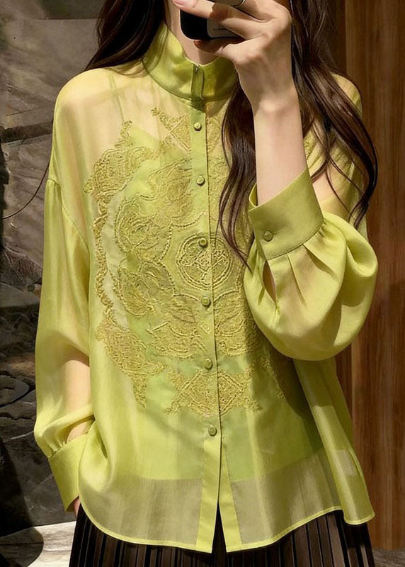 Elegant Green Embroidered Silk Shirt Long Sleeve