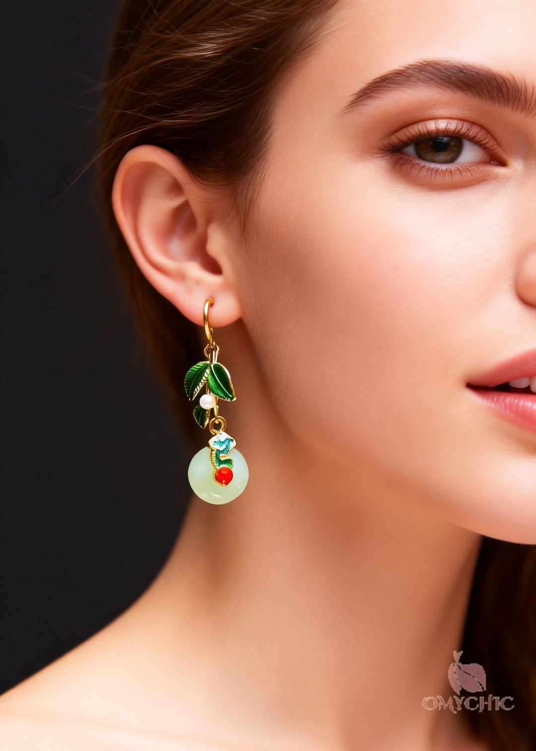 Elegant Green Leaf Metal Fine Circular Jade Drop Earrings