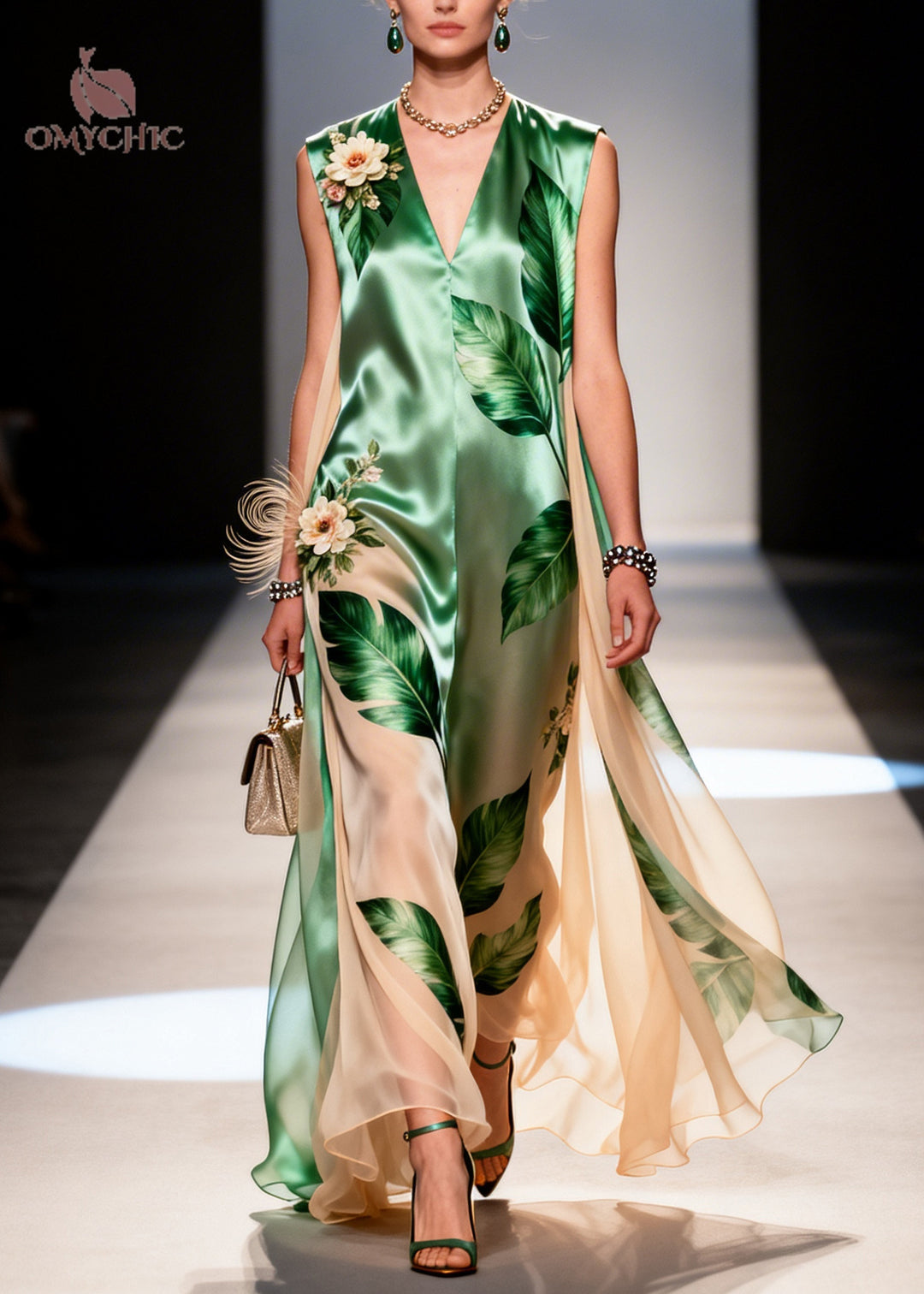 Elegant Green Leaf Print Handmade Flower Chiffon Dresses Sleeveless