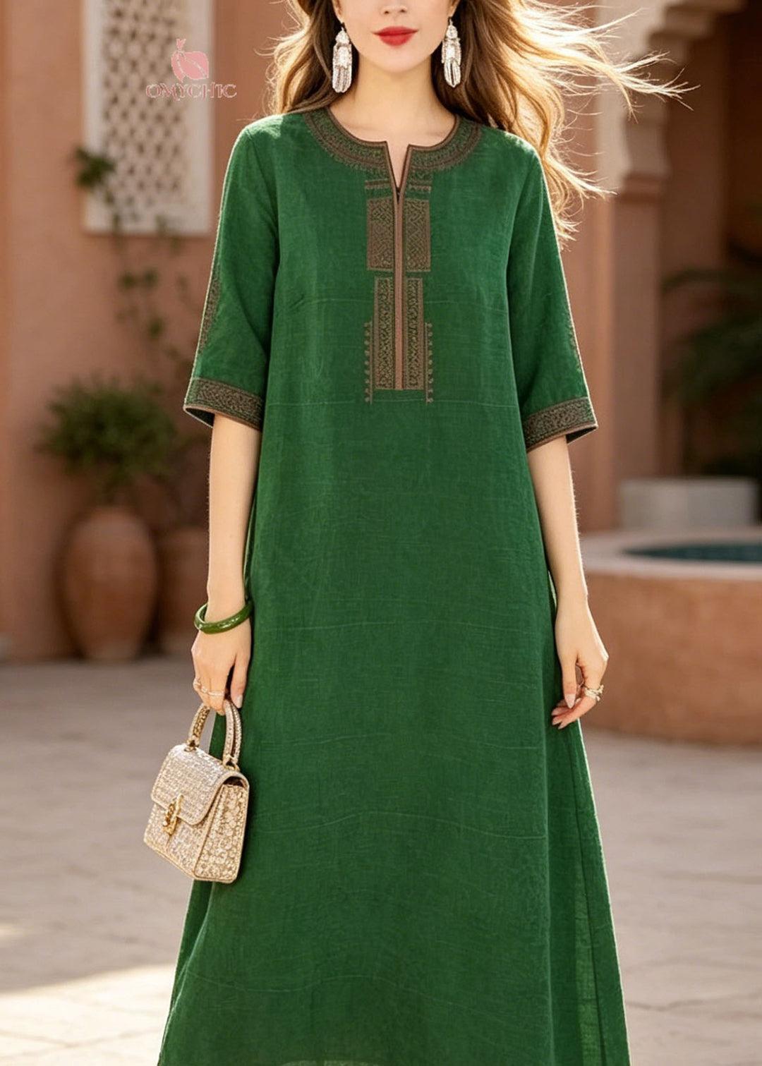 Elegant Green O-Neck Embroidered Silk Dress Summer