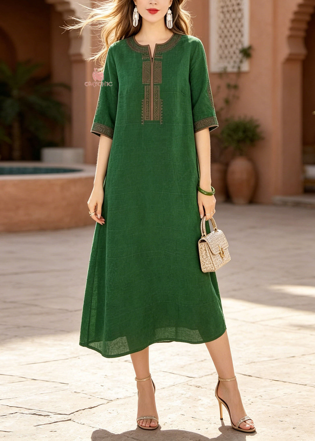 Elegant Green O-Neck Embroidered Silk Dress Summer