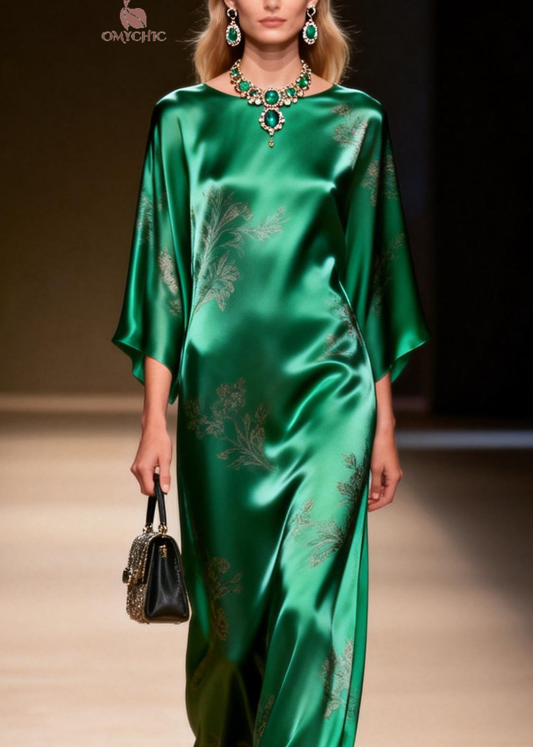 Elegant Green O Neck Jacquard Silk Ankle Dress Summer