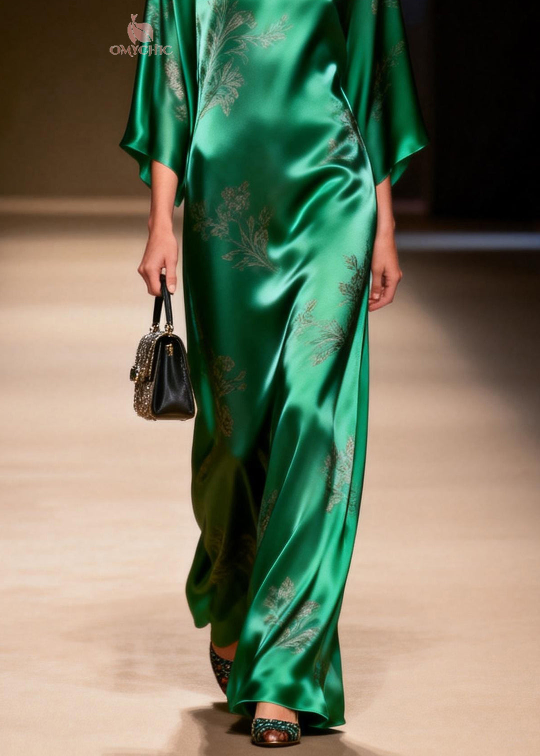 Elegant Green O Neck Jacquard Silk Ankle Dress Summer