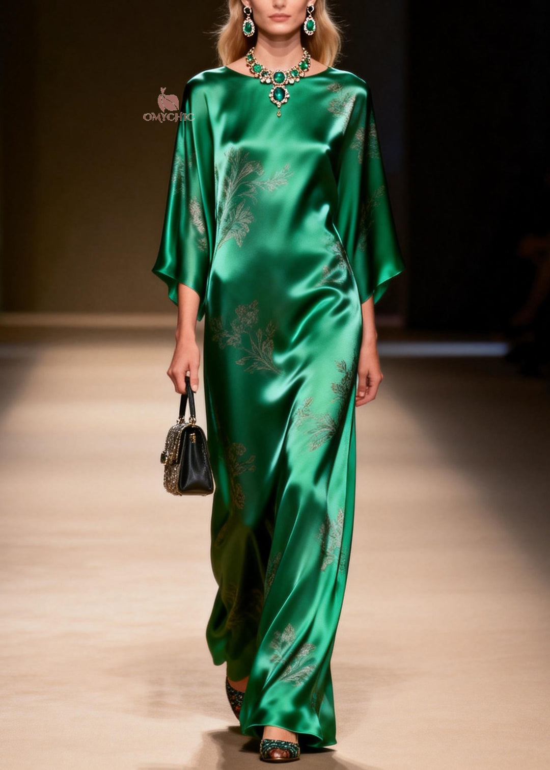 Elegant Green O Neck Jacquard Silk Ankle Dress Summer