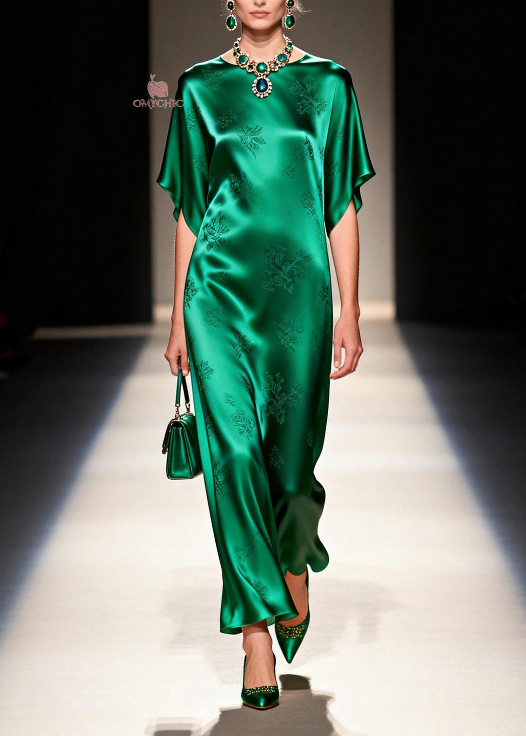 Elegant Green O Neck Jacquard Silk Long Dress Summer
