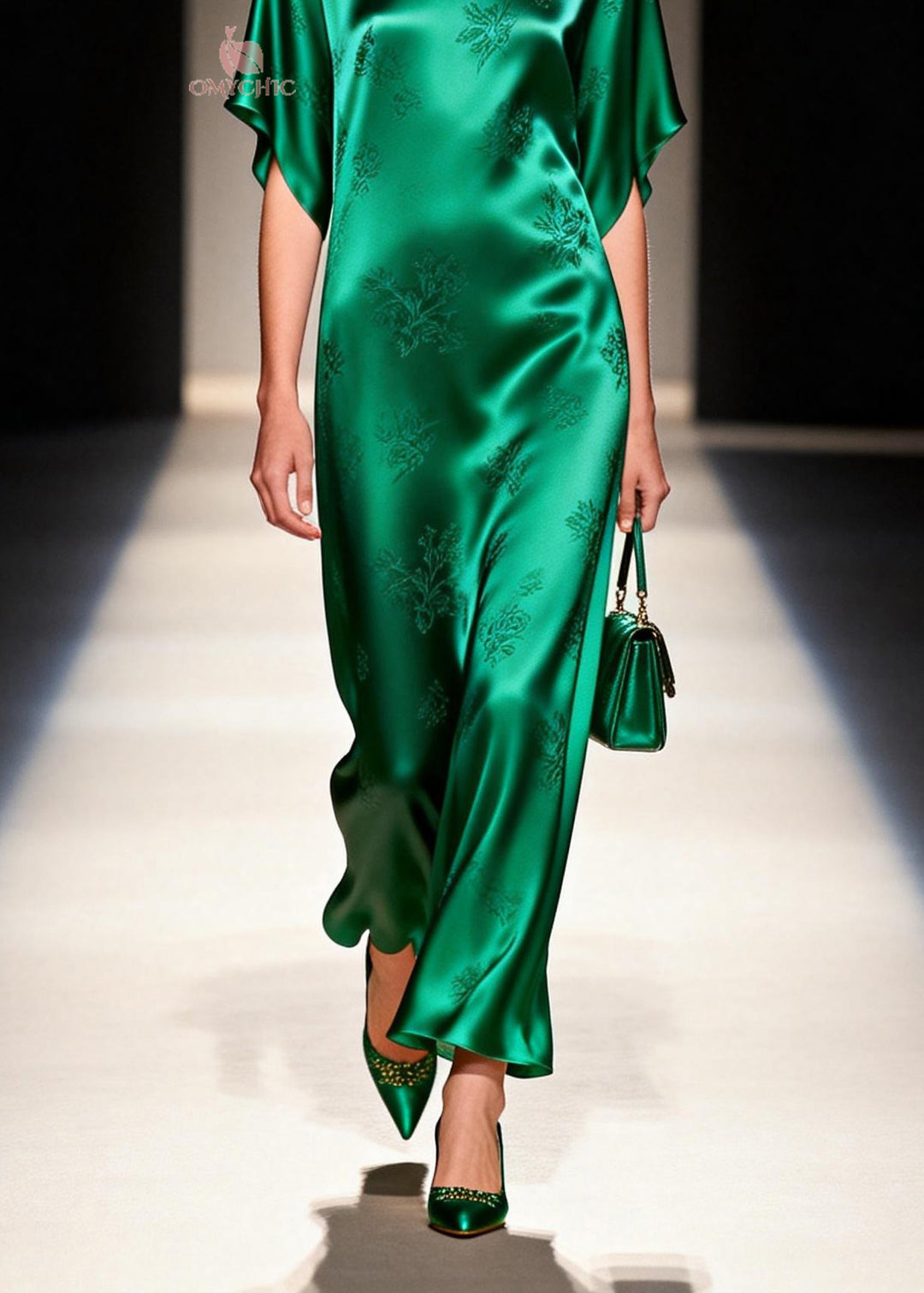 Elegant Green O Neck Jacquard Silk Long Dress Summer