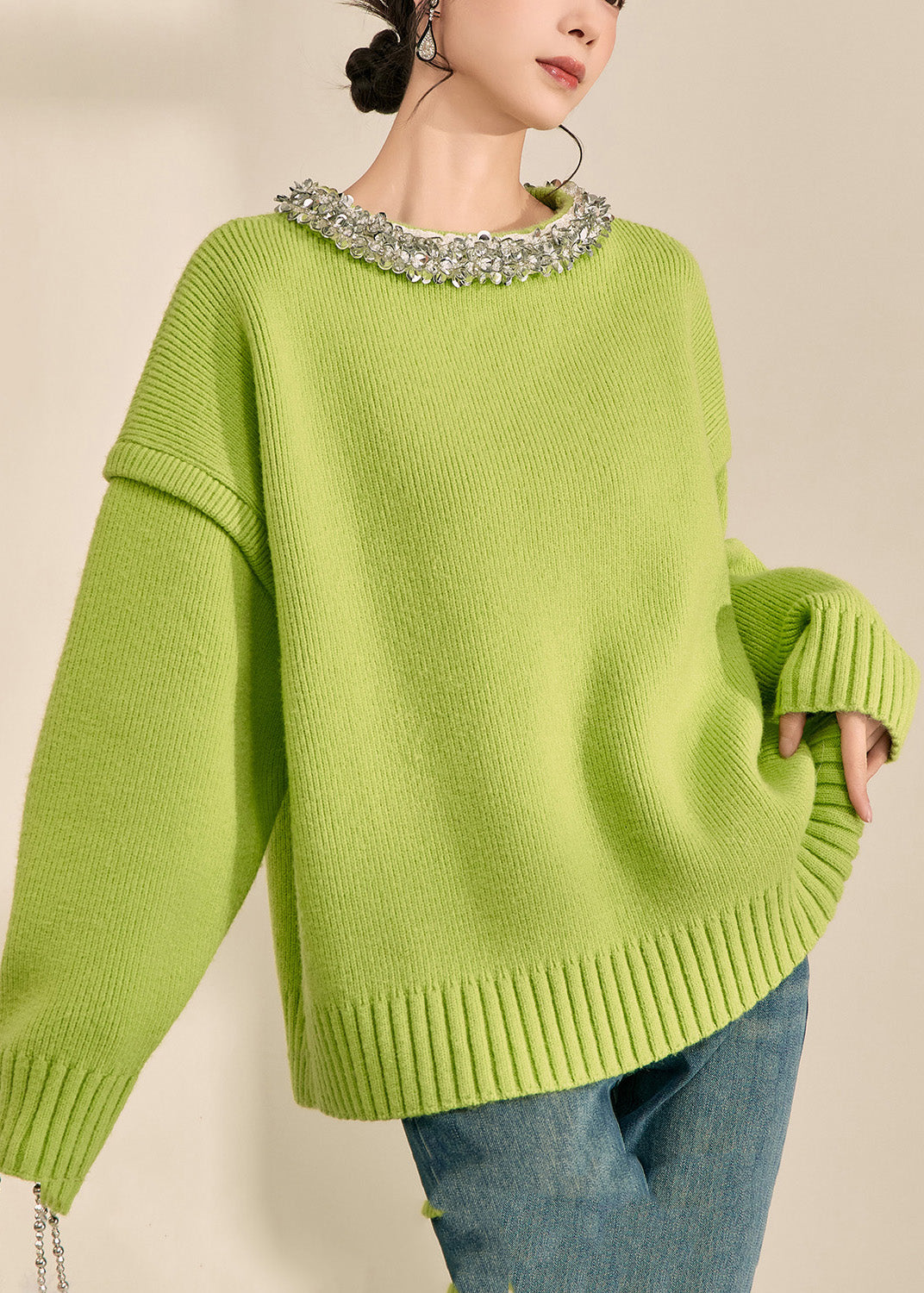 Elegant Green O-Neck Patchwork Cotton Knit Sweater Long Sleeve