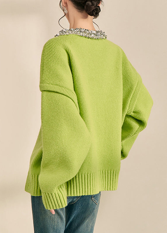 Elegant Green O-Neck Patchwork Cotton Knit Sweater Long Sleeve