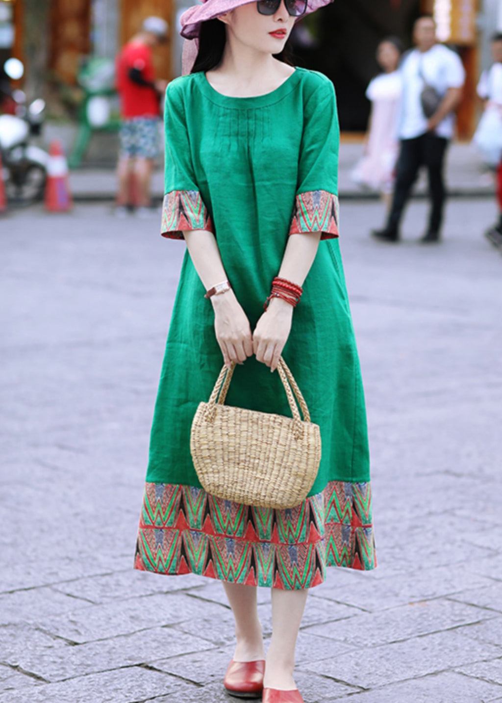 Elegant Green O Neck Patchwork Cotton Long Dresses Half Sleeve
