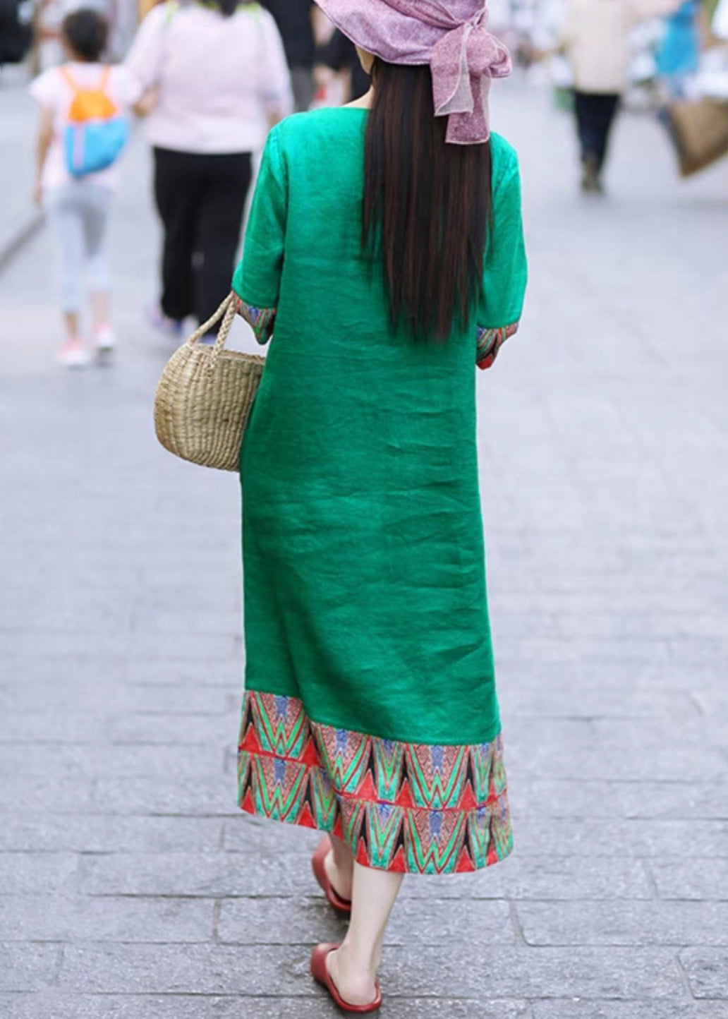 Elegant Green O Neck Patchwork Cotton Long Dresses Half Sleeve