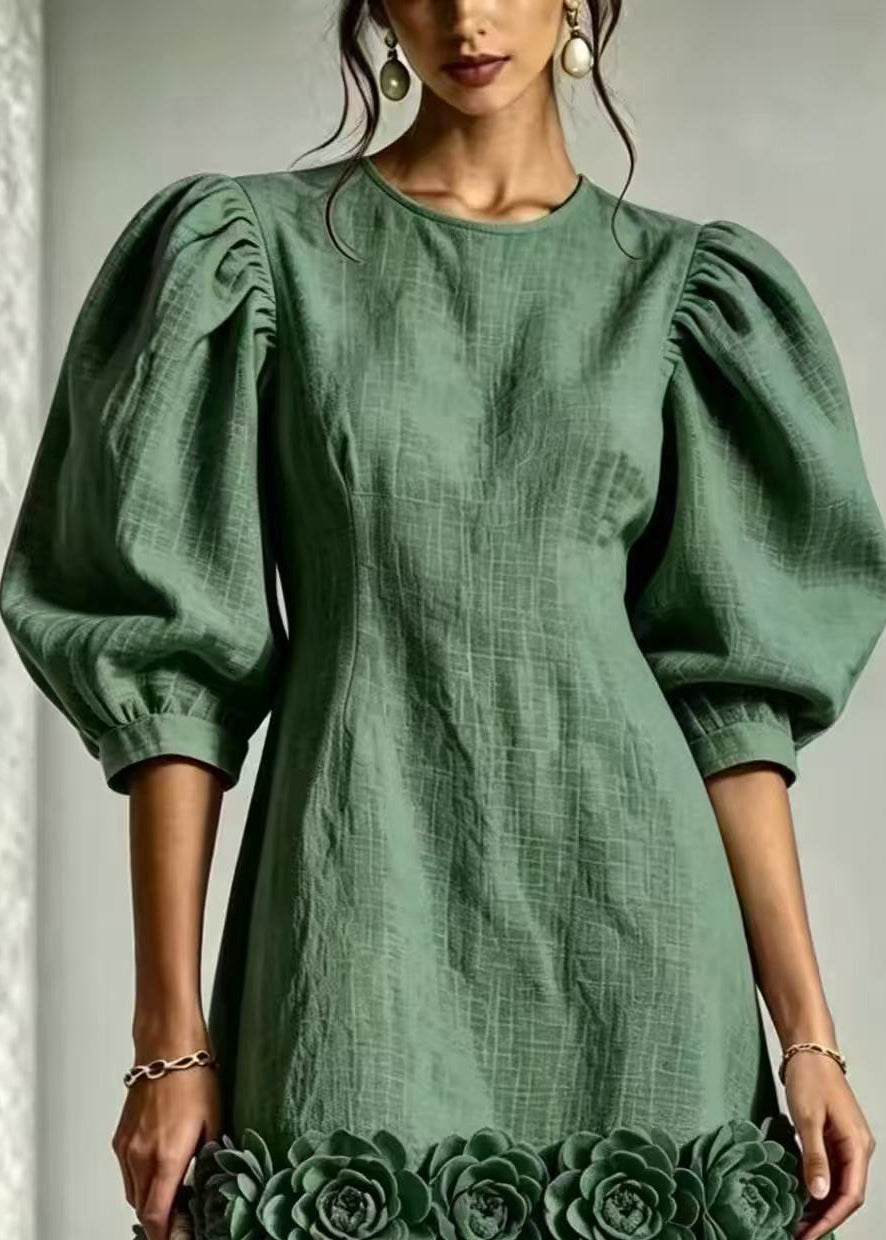 Elegant Green O-Neck Stereoscopic Floral Hem Dress Puff Sleeve