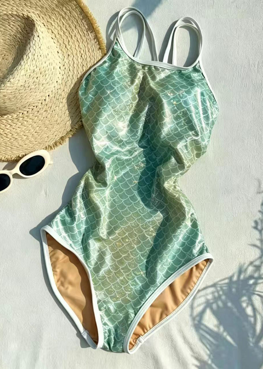 Elegant Green Print Backless Teddy Swimwear Bodysuit
