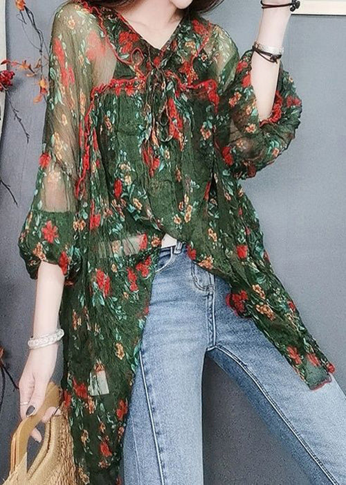 Elegant Green Print Lace Up Thin Chiffon Blouses Summer