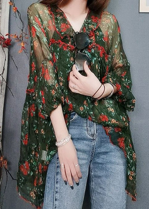 Elegant Green Print Lace Up Thin Chiffon Blouses Summer