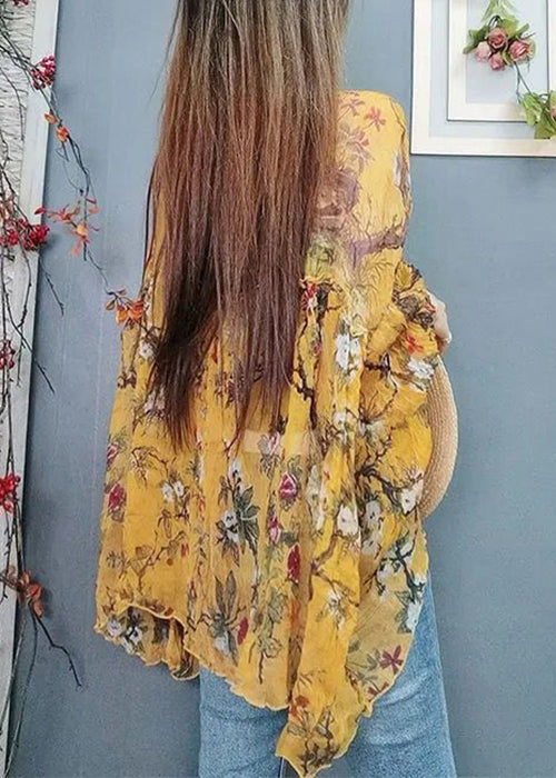 Elegant Green Print Lace Up Thin Chiffon Blouses Summer