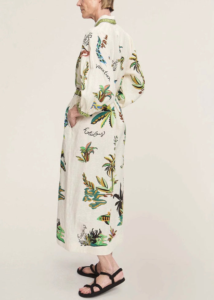Elegant Green Print Pockets Tie Waist Linen Blouses Dresses Spring